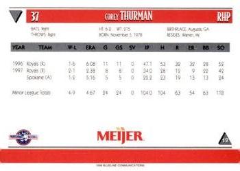 1998 Blueline Q-Cards Lansing Lugnuts #12 Corey Thurman Back