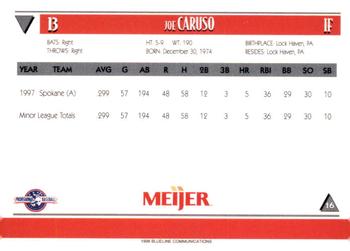 1998 Blueline Q-Cards Lansing Lugnuts #16 Joe Caruso Back