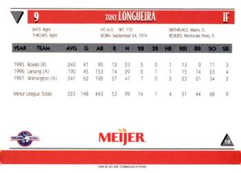 1998 Blueline Q-Cards Lansing Lugnuts #18 Tony Longueira Back