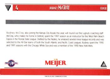 1998 Blueline Q-Cards Lansing Lugnuts #30 Rodney McCray Back