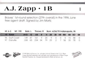 1998 Multi-Ad Macon Braves #1 A.J. Zapp Back