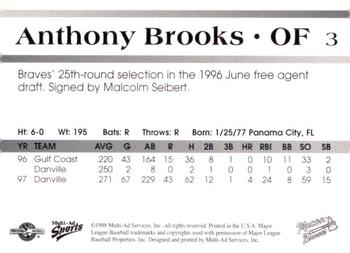 1998 Multi-Ad Macon Braves #3 Anthony Brooks Back