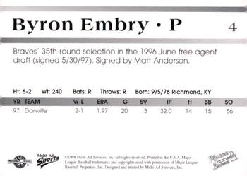 1998 Multi-Ad Macon Braves #4 Byron Embry Back