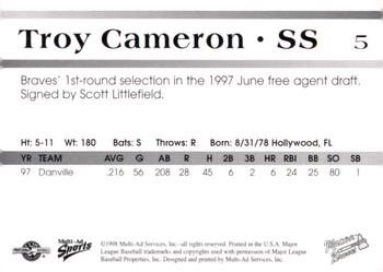 1998 Multi-Ad Macon Braves #5 Troy Cameron Back