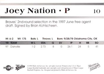 1998 Multi-Ad Macon Braves #10 Joey Nation Back