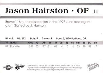 1998 Multi-Ad Macon Braves #11 Jason Hairston Back