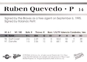 1998 Multi-Ad Macon Braves #14 Ruben Quevedo Back