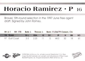 1998 Multi-Ad Macon Braves #16 Horacio Ramirez Back
