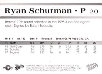 1998 Multi-Ad Macon Braves #20 Ryan Schurman Back