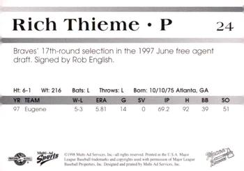 1998 Multi-Ad Macon Braves #24 Rich Thieme Back