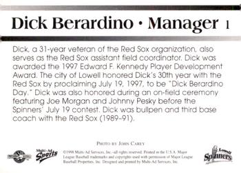 1998 Multi-Ad Lowell Spinners #1 Dick Berardino Back