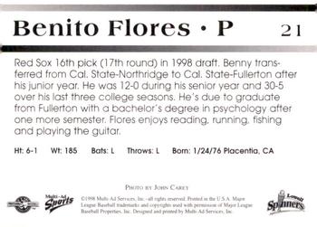 1998 Multi-Ad Lowell Spinners #21 Benito Flores Back