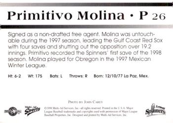 1998 Multi-Ad Lowell Spinners #26 Primitivo Molina Back
