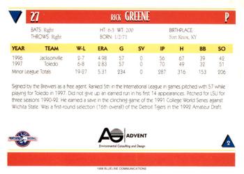 1998 Blueline Q-Cards Louisville Redbirds #2 Rick Greene Back