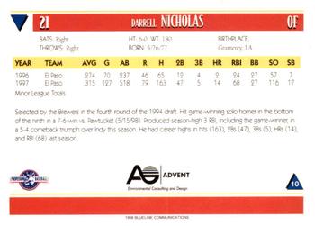 1998 Blueline Q-Cards Louisville Redbirds #10 Darrell Nicholas Back