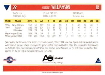1998 Blueline Q-Cards Louisville Redbirds #14 Antone Williamson Back