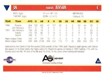 1998 Blueline Q-Cards Louisville Redbirds #29 Marcus Jensen Back