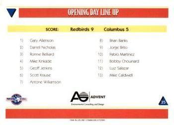 1998 Blueline Q-Cards Louisville Redbirds #35 Opening Day Line Up Back