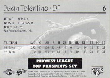 1998 Multi-Ad Midwest League Top Prospects #6 Juan Tolentino Back