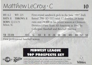1998 Multi-Ad Midwest League Top Prospects #10 Matt LeCroy Back