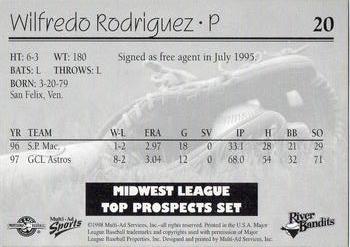 1998 Multi-Ad Midwest League Top Prospects #20 Wilfredo Rodriguez Back