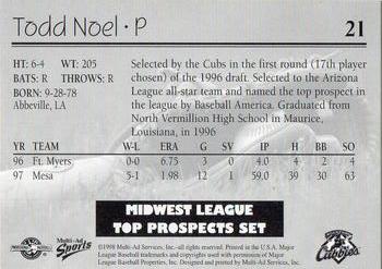 1998 Multi-Ad Midwest League Top Prospects #21 Todd Noel Back