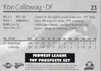 1998 Multi-Ad Midwest League Top Prospects #23 Ron Calloway Back