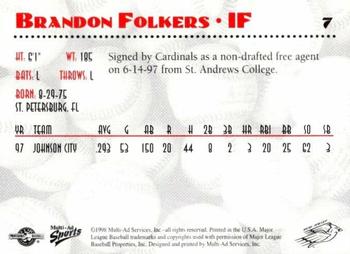 1998 Multi-Ad New Jersey Cardinals #7 Brandon Folkers Back