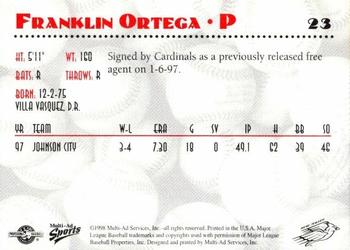 1998 Multi-Ad New Jersey Cardinals #23 Franklin Ortega Back