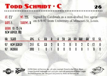 1998 Multi-Ad New Jersey Cardinals #26 Todd Schmidt Back