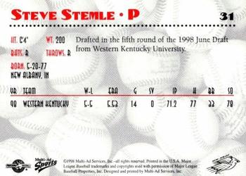 1998 Multi-Ad New Jersey Cardinals #31 Steve Stemle Back