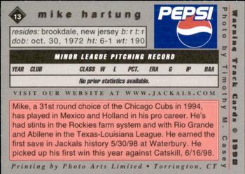 1998 Warning Track New Jersey Jackals #13 Mike Hartung Back