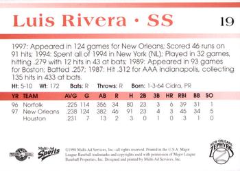1998 Multi-Ad New Orleans Zephyrs #19 Luis Rivera Back