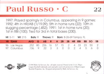 1998 Multi-Ad New Orleans Zephyrs #22 Paul Russo Back