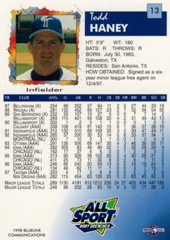 1998 Blueline Q-Cards Norfolk Tides #13 Todd Haney Back