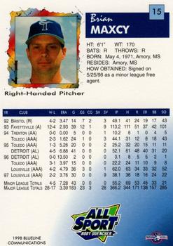 1998 Blueline Q-Cards Norfolk Tides #15 Brian Maxcy Back