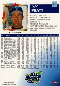 1998 Blueline Q-Cards Norfolk Tides #20 Todd Pratt Back