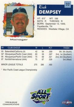 1998 Blueline Q-Cards Norfolk Tides #32 Rick Dempsey Back