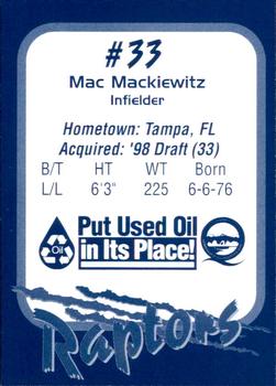 1998 Ogden Raptors #NNO Mac Mackiewitz Back