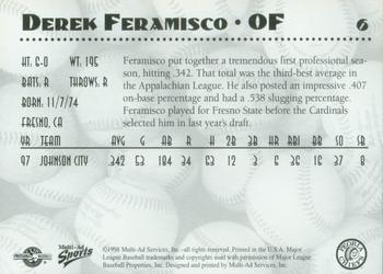 1998 Multi-Ad Peoria Chiefs #6 Derek Feramisco Back
