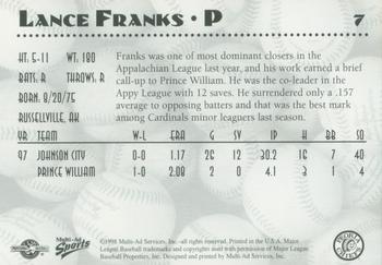 1998 Multi-Ad Peoria Chiefs #7 Lance Franks Back