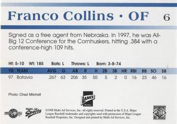 1998 Multi-Ad Piedmont Boll Weevils #6 Franco Collins Back