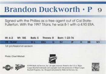 1998 Multi-Ad Piedmont Boll Weevils #9 Brandon Duckworth Back
