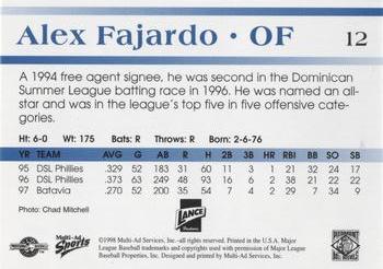 1998 Multi-Ad Piedmont Boll Weevils #12 Alex Fajardo Back