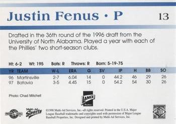 1998 Multi-Ad Piedmont Boll Weevils #13 Justin Fenus Back