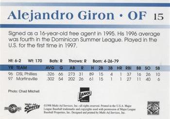 1998 Multi-Ad Piedmont Boll Weevils #15 Alejandro Giron Back