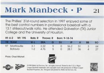 1998 Multi-Ad Piedmont Boll Weevils #21 Mark Manbeck Back
