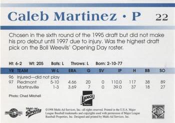1998 Multi-Ad Piedmont Boll Weevils #22 Caleb Martinez Back