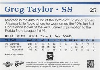 1998 Multi-Ad Piedmont Boll Weevils #25 Greg Taylor Back