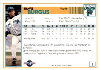 1998 Blueline Q-Cards Portland Sea Dogs #2 Travis Burgus Back